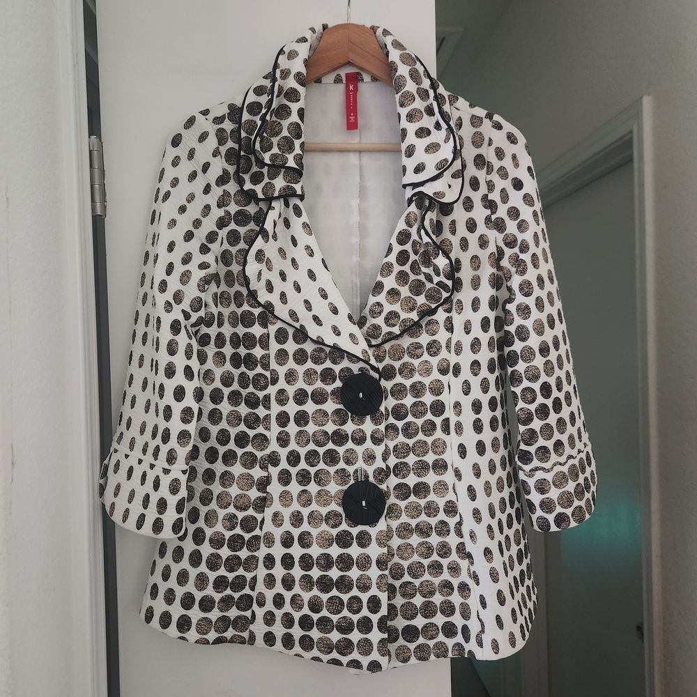 IC by Connie K White Brown polka dot Crinkle USA Jacket 3/4 sleeve Wired Collar